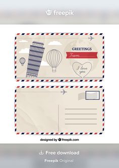 two envelopes with air balloons on them and the words freepik written in red,