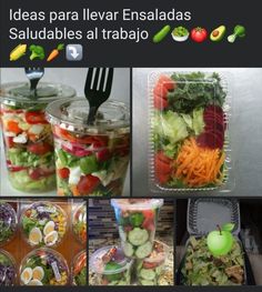 there are pictures of salads in plastic containers