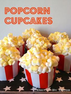 popcorn cupcakes in red and white striped paper cups