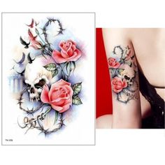 two pictures with roses and birds on them, one has a skull in the middle