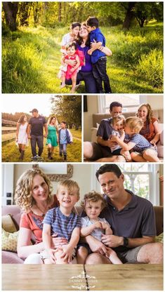 the family is posing for pictures together in their home, and they are all smiling