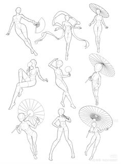 an image of woman in different poses with umbrellas and parasols drawn by hand