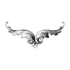 a black and white drawing of an angel wing with swirls on the wings,