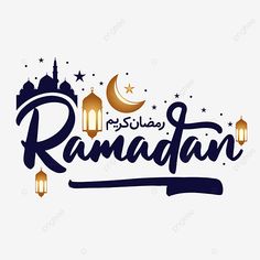 the arabic text rama with lanterns and crescents on white background, logo, illustration png