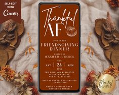 a thanksgiving party flyer with autumn leaves and pumpkins