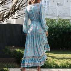 Bohemian Dress V-Neck Waist-Tied Maxi Length Three Quarter Sleeves Lightweight Material, Perfect Vacation Dress Acrylic / Cotton Measurements: S Shoulder 40cm, Bust 96cm, Waist 90am, Sleeve 57cm, Length 123cm M Shoulder 41cm, Bust 100cm, Waist 94m, Sleeve 58cm, Length 124cm L Shoulder 42cm, Bust 104cm, Waist 100am, Sleeve 59cm, Length 125cm Bohemian V-neck Maxi Dress For Brunch, Bohemian V-neck Maxi Dress For Spring, Spring Hippie V-neck Maxi Dress, Bohemian V-neck Boho Dress For Brunch, Blue V-neck Boho Dress For Spring, Casual Turquoise V-neck Maxi Dress, Turquoise V-neck Casual Maxi Dress, Flowy Hippie Boho Dress For Brunch, Casual Turquoise Maxi Dress With V-neck