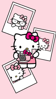 an image of hello kitty taking pictures with her camera and instagram on pink background