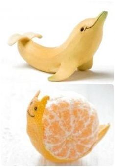 two pictures of an orange and a banana with faces drawn on them, one has a snail as its shell