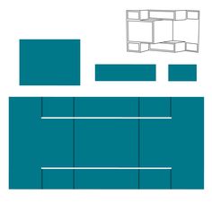 a blue and white drawing of a shelf with two shelves on each side, one above the other