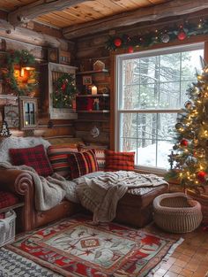 a living room filled with furniture and a christmas tree in front of a large window