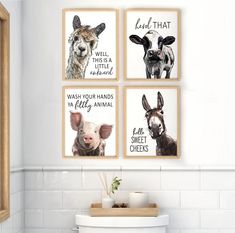 three pictures of animals hanging on the wall above a toilet in a white tiled bathroom