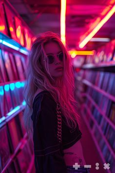 a woman with long blonde hair and sunglasses standing in front of neon bookshelves