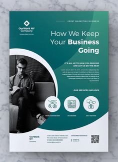 a green and white flyer for a business meeting with an image of a man sitting in a chair