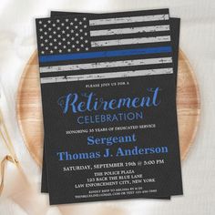 a black and blue thin line birthday party card with an american flag on the front