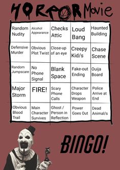 a poster with words and pictures on it that read horror movie bingo, including the characters