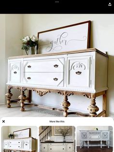 an old dresser is painted white with gold trim