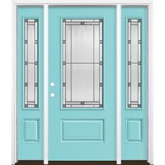 Masonite high-performance fiberglass doors feature distinct panel profiles that rival the detail of a real wood door but will not rust or dent. Additionally, Avenue glass blends contemporary details with Craftsman charm for overall allure. Together, this distinctive door design and glass pairing perfectly complements a variety of home styles. Masonite Avenue 60-in x 80-in x 4-9/16-in Fiberglass 3/4 Lite Right-Hand Inswing Caribbean Blue Painted Prehung Front Door with Sidelights with Front Door With Sidelights, Door With Sidelights, Fiberglass Exterior Doors, Door Jamb, Fiberglass Door, Storm Door, Caribbean Blue, Blue Door, Wood Door