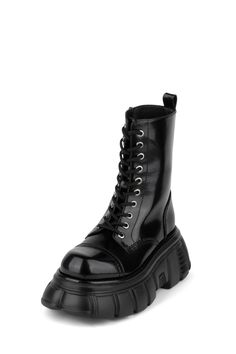 Chunky platform combat boot. Fits true to size Measurements taken from a size 7 3.5" heel, 2.25" platform Leather Upper, Leather Lining, Synthetic Sole. Zipper closure