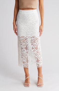 Add effortless elegance to your look with this shapely midi skirt cut from premium lace fabric. Pull-on 100% polyester Machine wash, line dry Imported White Scalloped Lace Skirt, Delicate Lace Skirt For Spring, Elegant White Bottoms With Scalloped Lace, Elegant Scalloped Lace Bottoms, Chic Lace Midi Length Bottoms, White Delicate Lace Bottoms For Party, Lace Bottoms Midi Length For Spring, Elegant Midi Length Bottoms With Lace Trim, White Knee-length Skirt With Lace Trim