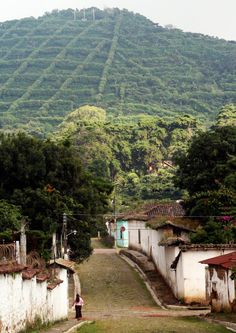 a person walking down a dirt road in front of a green mountain covered with trees