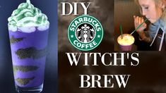 a collage of photos with the words, diy starbucks witch's brew