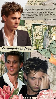 the collage shows two men with flowers in their hair and one man wearing a suit