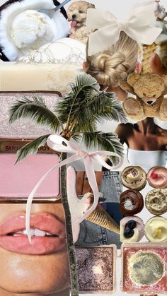 a collage of various items including lipstick, palm tree and other things in the background