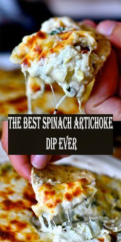 the best spinach artichoke dip ever is being held up with a fork