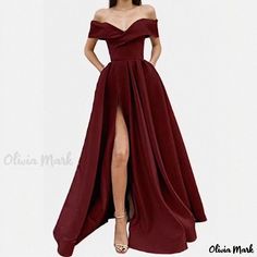 Olivia Mark - Elegant and Sophisticated Deep Colored Satin Gown, Perfect for Formal Occasions Deep Red Dress, Satin Evening Gown, Red Dress Long, Long Formal Gowns, Deep V Neck Dress, Prom Dresses With Pockets, Evening Party Gowns, Satin Prom Dress, Satin Gown