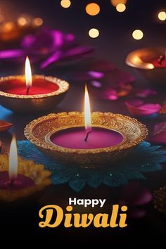 happy diwali with lit candles in bowls