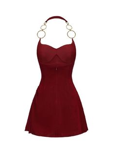 Cute Red Dresses Casual, Red Club Outfit, Unique Dresses Casual, Red And Gold Dress, Red Halter Dress, Ring Halter, Red Party Dress, One Piece Style, Cute Red Dresses