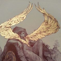 a drawing of an angel sitting on top of a rock with wings spread over it