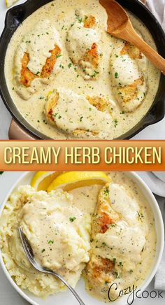 creamy herb chicken in a skillet with parsley on the side and text overlay