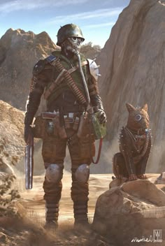 a man standing next to a cat in the desert