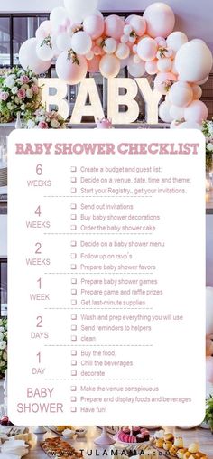 a baby shower checklist with balloons and flowers on the wall in front of it