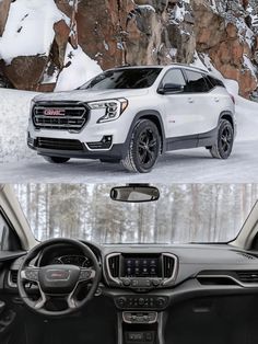 the front and side view of a white suv in snow, with mountains behind it