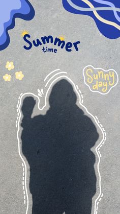 the shadow of a person standing in front of a chalk drawing on the ground with words summer time