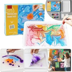 children's art supplies including paint and watercolors are shown in this image