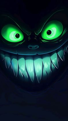 an evil looking face with glowing green eyes and fangs on it's teeth, in the dark