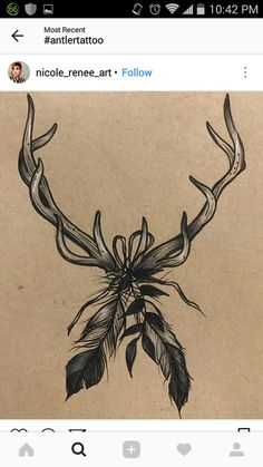 a drawing of a deer's antlers with feathers on it