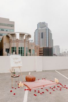 an orange pumpkin sitting on top of a red rug