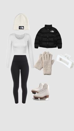 the north face jacket, white sweater, black leggings, and beige shoes