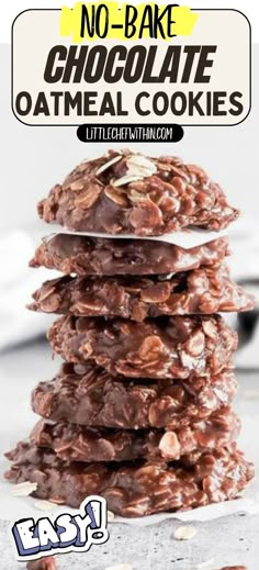 no - bake chocolate oatmeal cookies stacked on top of each other