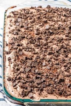 a chocolate dessert in a glass baking dish