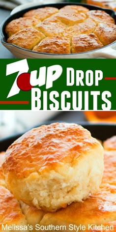 two biscuits stacked on top of each other in a pan with the words 7 up biscuits above them