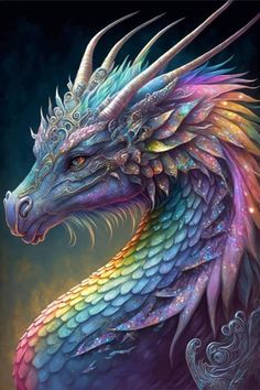 a painting of a dragon with multicolored feathers