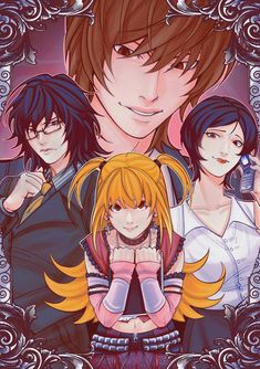 an anime poster with three people standing next to each other and one holding a cell phone