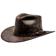 Brand new leather cowboy hat with wide ca.8 cm/3.15 inch brim. Made of genuine cattle leather (stiffened). There is a bendable metal wire in the external part of the brim. Hat with a leather sweatband inside and decorative leather belt as a band sewn down to the outside of the crown. On 1 side of the crown there are 3 ventilation eyelets. Crown height in the highest point is ca.13 cm/5.1 inch. Available in big xl and xxl sizes. Precise handmade craftsmanship from Sterkowski's family-run workshop Brown Leather Brimmed Fedora, Rugged Distressed Brown Leather Hat, Distressed Brown Hat With Short Brim For Western Events, Distressed Brown Short Brim Hat For Western-themed Events, Distressed Brown Leather Hats For Country Events, Leather Hats For Country Events In Distressed Brown, Vintage Leather Fedora For Rodeo, Leather Distressed Brown Hats For Country Events, Classic Distressed Brown Hat For Outdoor