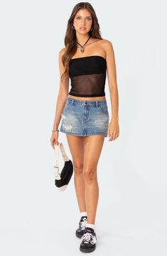 An on-trend low-rise cut defines this nonstretch-denim skirt featuring allover distressing for a chic lived-in look. 100% cotton Machine wash, dry flat Imported Mesh Tube Top, Jean Skirt Outfits, Visionary Fashion, Perfect Night, Miniskirt Outfits, Swimwear Dress, Denim Details, Denim Mini, Denim Mini Skirt