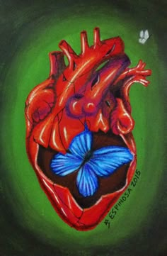 a painting of a heart with a blue butterfly on it's side and the words,